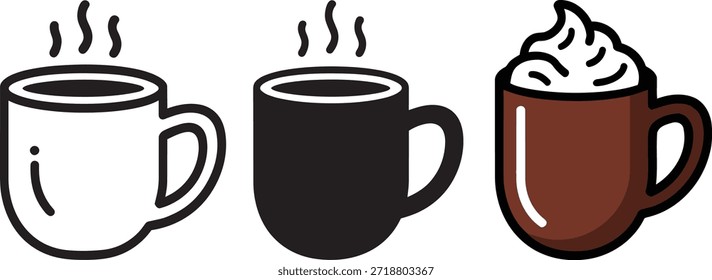 Hot coffee mug with foam vector set. Warm latte icon with whipped cream and steam. Brown ceramic cup flat illustration. Cafe beverage collection for menu design.