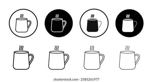 Hot coffee Mug icon Black line art vector logo set