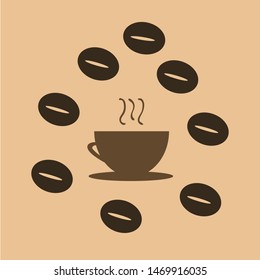 Hot coffee mug icon framed with coffee beans