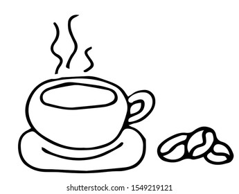 Hot coffee in a mug, coffee icon in hand drawn, doodle, sketch style isolated in white background for invitations, greeting cards, patterns.