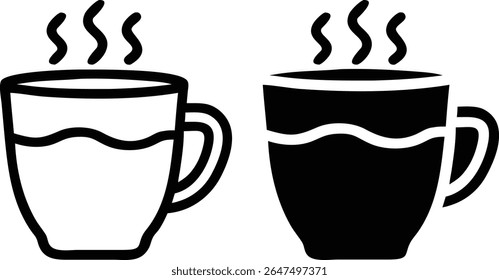 Hot Coffee Mug Icon Set – Black and White Steaming Drink Symbol Vector Illustration