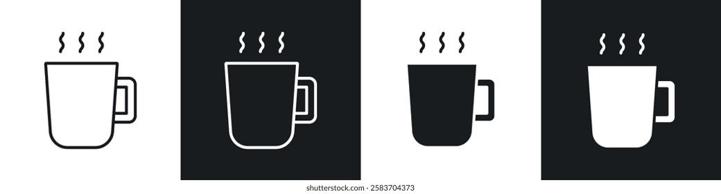 Hot coffee Mug icons collection in black and white filled and line versions