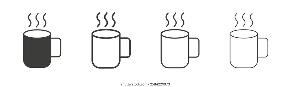 Hot coffee Mug icons set. Liner outlined and flat black color