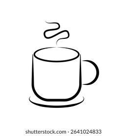 Hot Coffee Mug Line Art Icon. Minimalist line art illustration of a steaming hot coffee mug, perfect for cafe, breakfast, or beverage-related designs. Simple black and white vector icon.