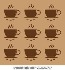 hot coffee mug pattern background with coffee beans on brown background