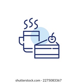 Hot coffee in a mug and slice of cherry cake. Sweet treat in a coffee shop. Pixel perfect, editable stroke line icon
