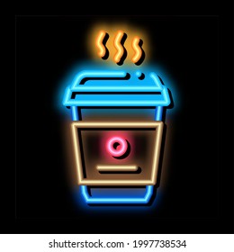 hot coffee neon light sign vector. Glowing bright icon hot coffee sign. transparent symbol illustration