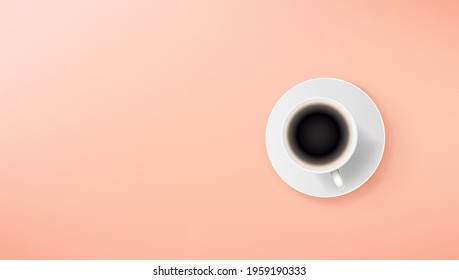 Hot coffee on a table. Banner with copy space ready for a text