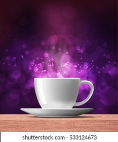 hot coffee  on wood table with purple bokeh background