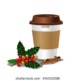Hot coffee paired with fresh coffee beans and roasted coffee beans.Vector illustration isolated on white background.