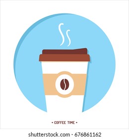 Hot coffee in paper cup flat vector icon