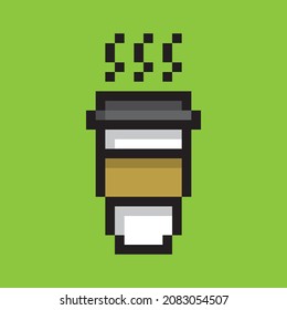 hot coffee paper cup green background pixel art 8 bits style coffee cartoon sleeves