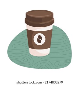 Hot Coffee in paper cup with green bubble isolated on white background. Preparation to start work. Flat design vector illustration