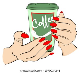 Hot coffee paper cup in hands. Female hands are holding coffee.