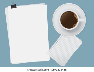 Hot coffee with paper sheet on blue background ,flat lay top view mock up