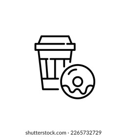Hot coffee in paper takeout cup with glazed donut. Pixel perfect, editable stroke line icon