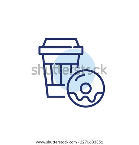 Hot coffee in paper takeout cup with glazed donut. Pixel perfect, editable stroke icon