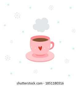 Hot coffee in a pink cup on snowflakes background