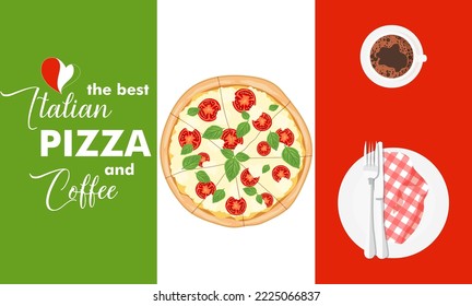 Hot coffee and pizza Margarita on the background of the Italian flag. Italian fast food. Italy snack with tomatoes, basil and mozzarella cheese. Flat vector illustration