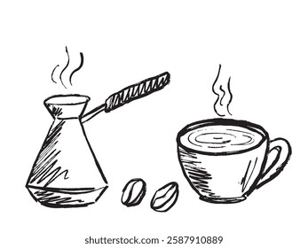 Hot coffee pot with steam. Concept of fresh coffee making process. Black drawing in black brush stroke texture isolated on white. Hand drawn vector sketch illustration in vintage charcoal ink