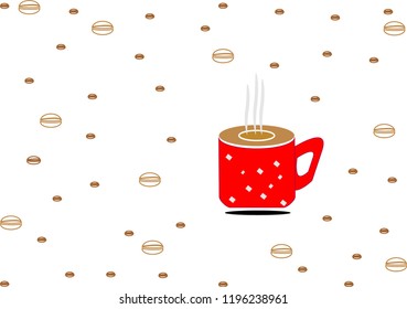 Hot coffee is in the red cup. Coffee Bean Background.