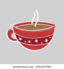 Hot coffee in red cup. Christmas card on grey background. Felt-tip hand drawn style