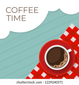 Hot coffee in a red cup on wood table. View from above. Flat style, vector illustration. 