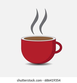 Hot coffee in red coffee cup, white background with smoke rising