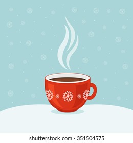 Hot coffee in red cup. Winter background. Christmas card.