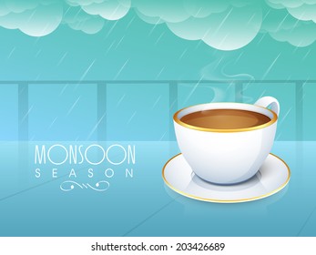 Hot Coffee In Romantic Monsoon Season On Blue Background. 