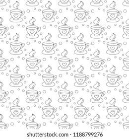 Hot coffee seamless pattern with aroma and smell. Hot black and white tea print.