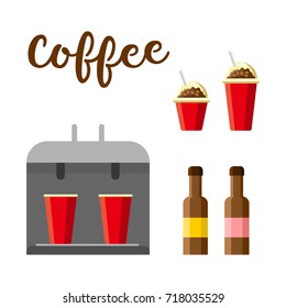 Hot coffee set. Colorful vector constructor, cartoon style, isolated on white background