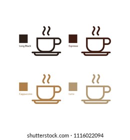 Hot coffee set, separate types with brown color tone. Vector. Isolate on white.