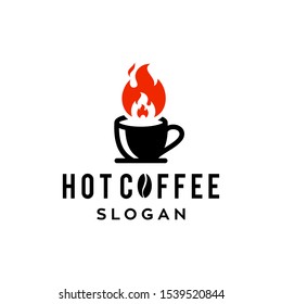hot coffee shop logo with mug cup and fire flame icon design for cafe or cafetaria in trendy minimal simple style