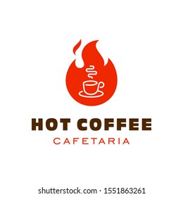 hot coffee shop logo with mug cup and fire flame icon design for cafe or cafeteria in trendy minimal line simple style