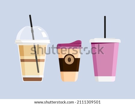 Hot coffee, Soft drink and ice frappe to go cup set. Vector illustration in flat style. 