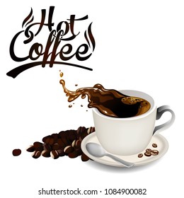 Hot Coffee Splash White Coffee Cup Coffee Bean White Background Vector Image

