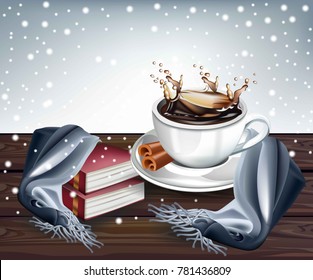 Hot Coffee splash winter background. Vector realistic illustrations