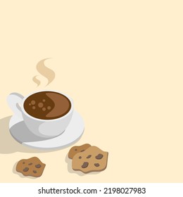 A Cup of hot Coffee with Steam. Cookies with chocolate chips. Hot drink. Vector illustration. EPS 10