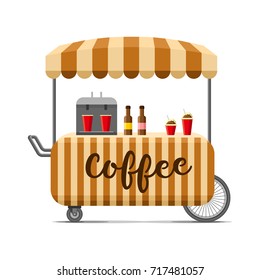 Hot Coffee Street Food Cart. Colorful Vector Illustration, Cartoon Style, Isolated On White Background