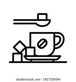 Café caliente con cubos de azúcar en cuchara. Vector de línea. Aislar sobre fondo blanco.