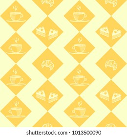 Hot coffee and sweet pastries vector repetitive pattern.
