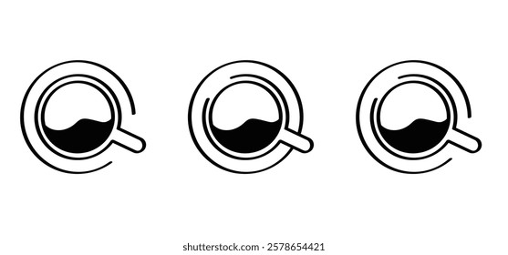 Hot coffee or tea. Cartoon coffee mug or cup or tea cup. line pattern. Coffee a clock or tea time. Work, life balance concept for full energy. 