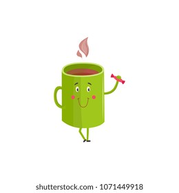 Hot coffee or tea cup cartoon character standing and raising candy in hand up isolated on white background. Cute bowl with hot drink, steam and kawaii face, vector illustration.