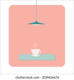 Hot coffee or tea in a cup on the table, loft style lamp, pink room. Comfort and harmony. Vector flat illustration.