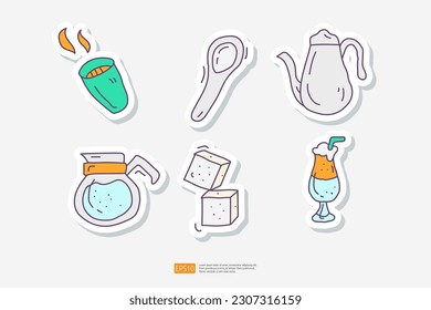 Hot Coffee or Tea Cup, Spoon, Kettle Jug, Sugar Bar, Ice Milkshake. Doodle Sticker Icon Set. Cafe Concept Vector Illustration