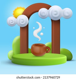 Hot coffee or tea cup with sun and clouds on green podium in funny cartoon style. Realistic sweet concept art. 3d vector illustration. Cute minimalistic design composition isolated on blue background.