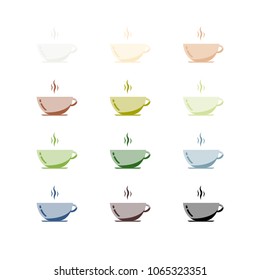 Hot coffee or tea cup with various color. Flat style and isolated background. Vector illustration.