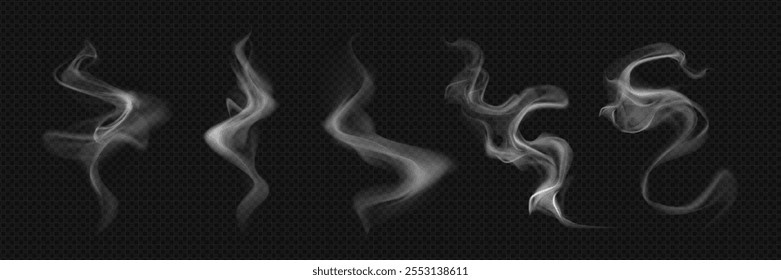 Hot coffee, tea or food smoke effect. Cup steam vector. Realistic transparent white drink mist for mug. Smoky air flow swirl png collection. Fume cloud trail abstract set. Incense or dish vapour