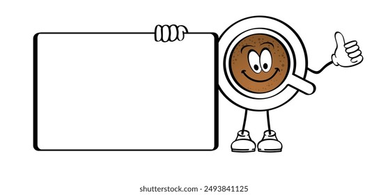 Café caliente o té mascote. Taza con sonrisa feliz. Patrón de línea de taza de café o taza de té de dibujos animados. Café a la hora del reloj o té. Logotipo de bebidas. Trabajo, concepto de equilibrio de vida para una energía completa. 